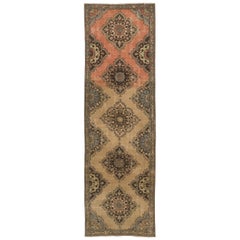 3.6x11.7 Ft Hand-Knotted Turkish Oushak Wool Runner Rug. Vintage Corridor Carpet