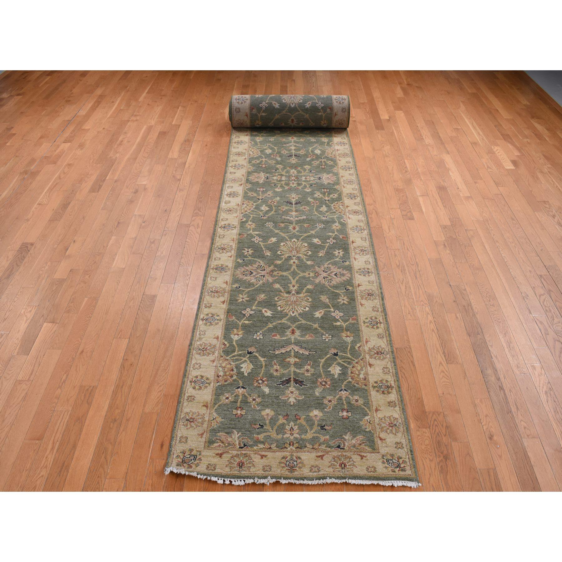 Moss Green, Pure Wool, Hard Twist Agra, Extra Long and Wide Runner, Hand Knotted, Oriental Rug
Primary materials: Wool
Latex: No Pile 
height: 0.25 Inches
Style: Traditional
Primary color: Green
Secondary colors: Red, Gold Color, Chocolate