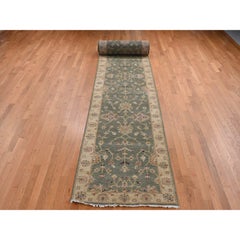 3'6"x32'2" Moss Green Pure Wool Hard Twist Agra XL Runner Hand Knotted Rug