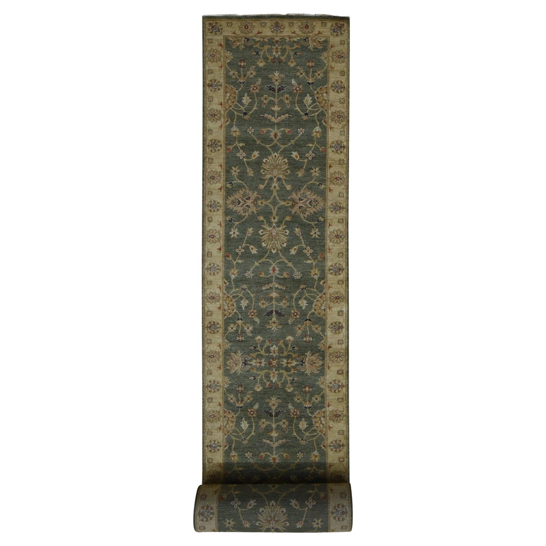 3'6"x32'2" Moss Green Pure Wool Hard Twist Agra XL Runner Hand Knotted Rug For Sale