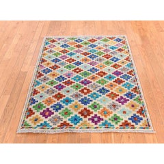 3'6"x4'10" Ivory Afghan Baluch with Geometric Design Hand Knotted Pure Wool Rug