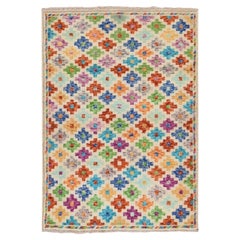 3'6"x4'10" Ivory Afghan Baluch with Geometric Design Hand Knotted Pure Wool Rug