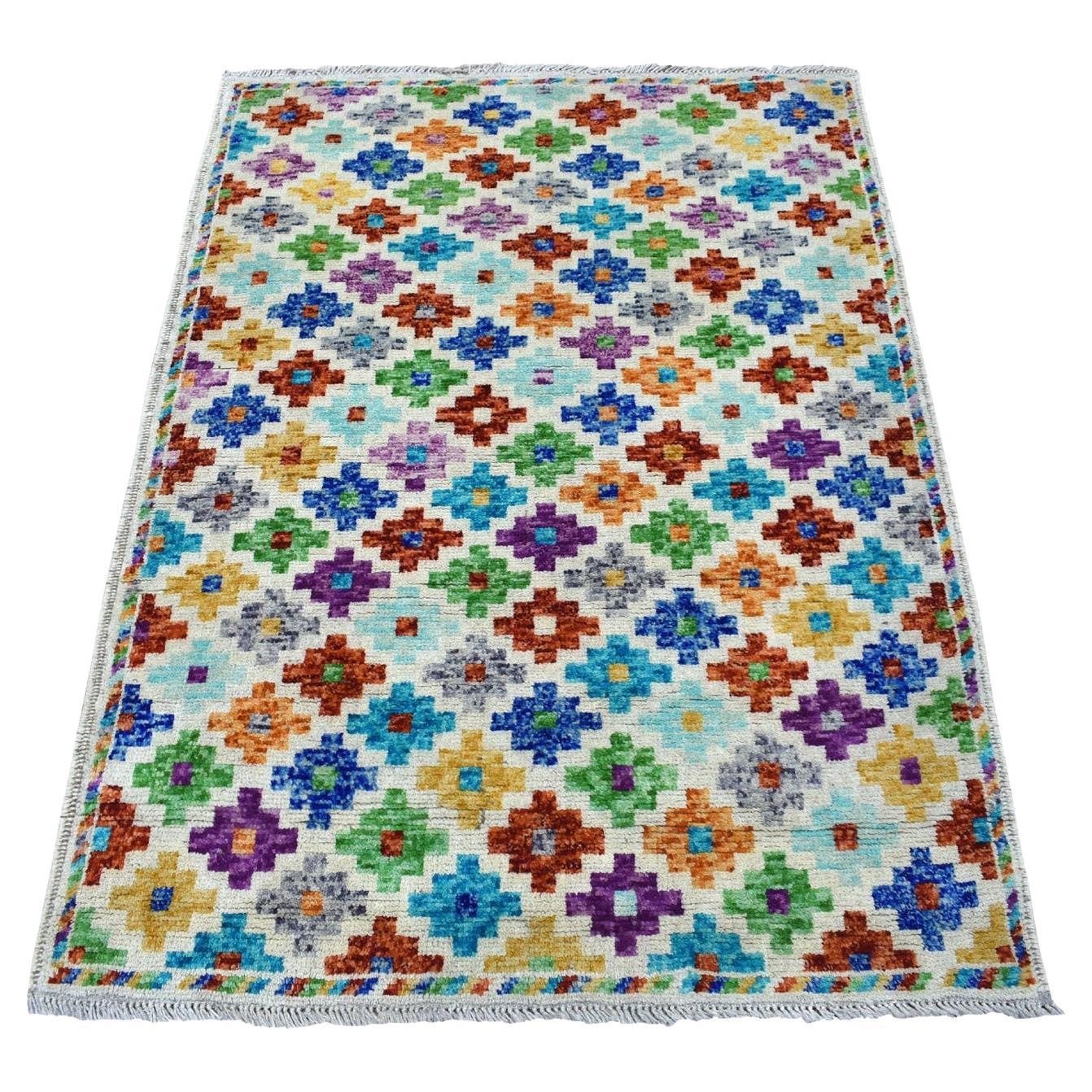 3
6 "x4
10" Marfil Anudada a Mano Colorido Diseño Tribal Afgano Baluch Alfombra de Lana Pura