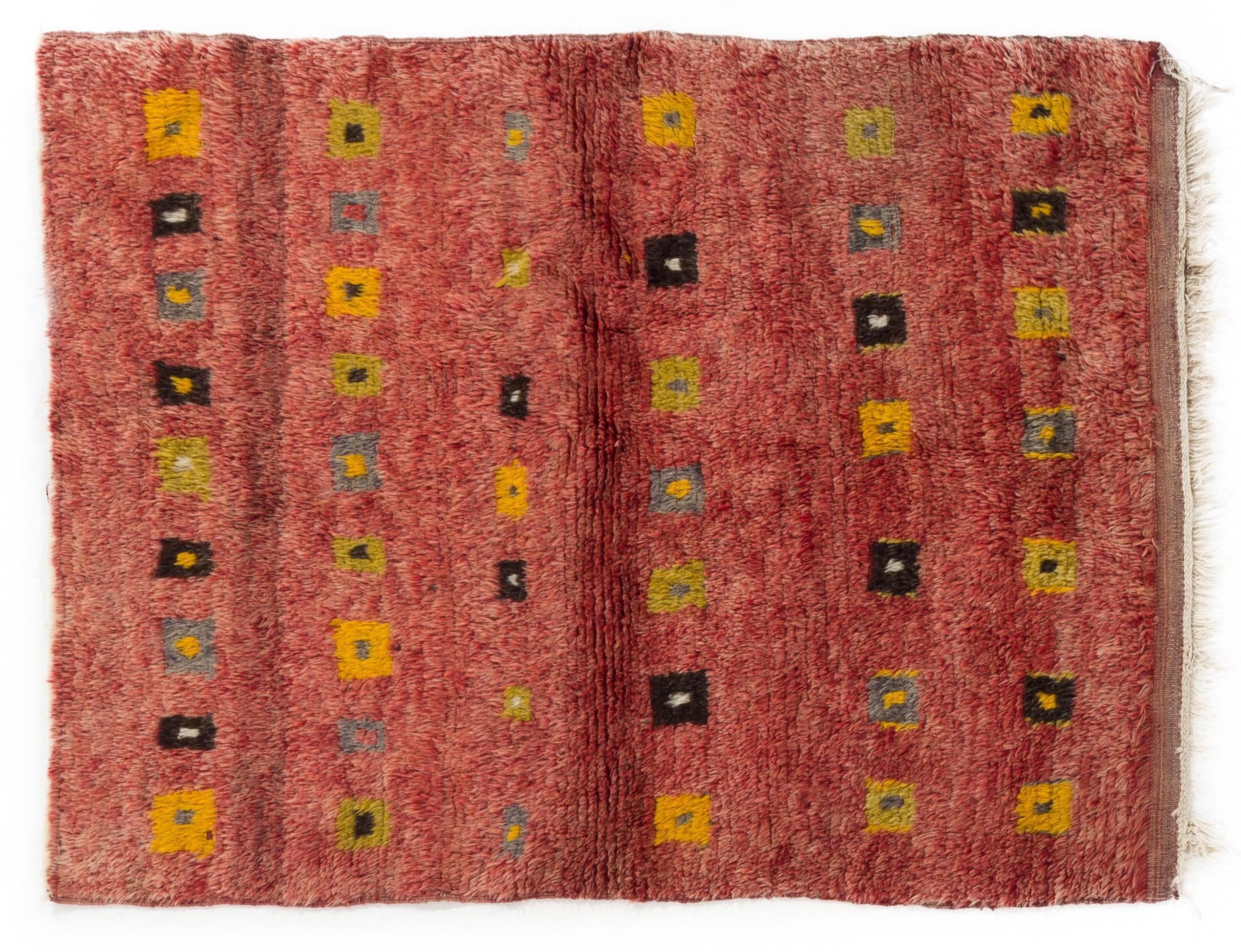 Hand-Knotted Tulu Rug in Soft Red, Yellow, Green, Gray Colors, Custom Options Available