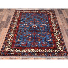 3'6"x4'7" Blue Afghan Ersari with Bird Figurines Hand Knotted Wool Oriental Rug