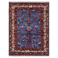 3'6"x4'7" Blue Afghan Ersari with Bird Figurines Hand Knotted Wool Oriental Rug