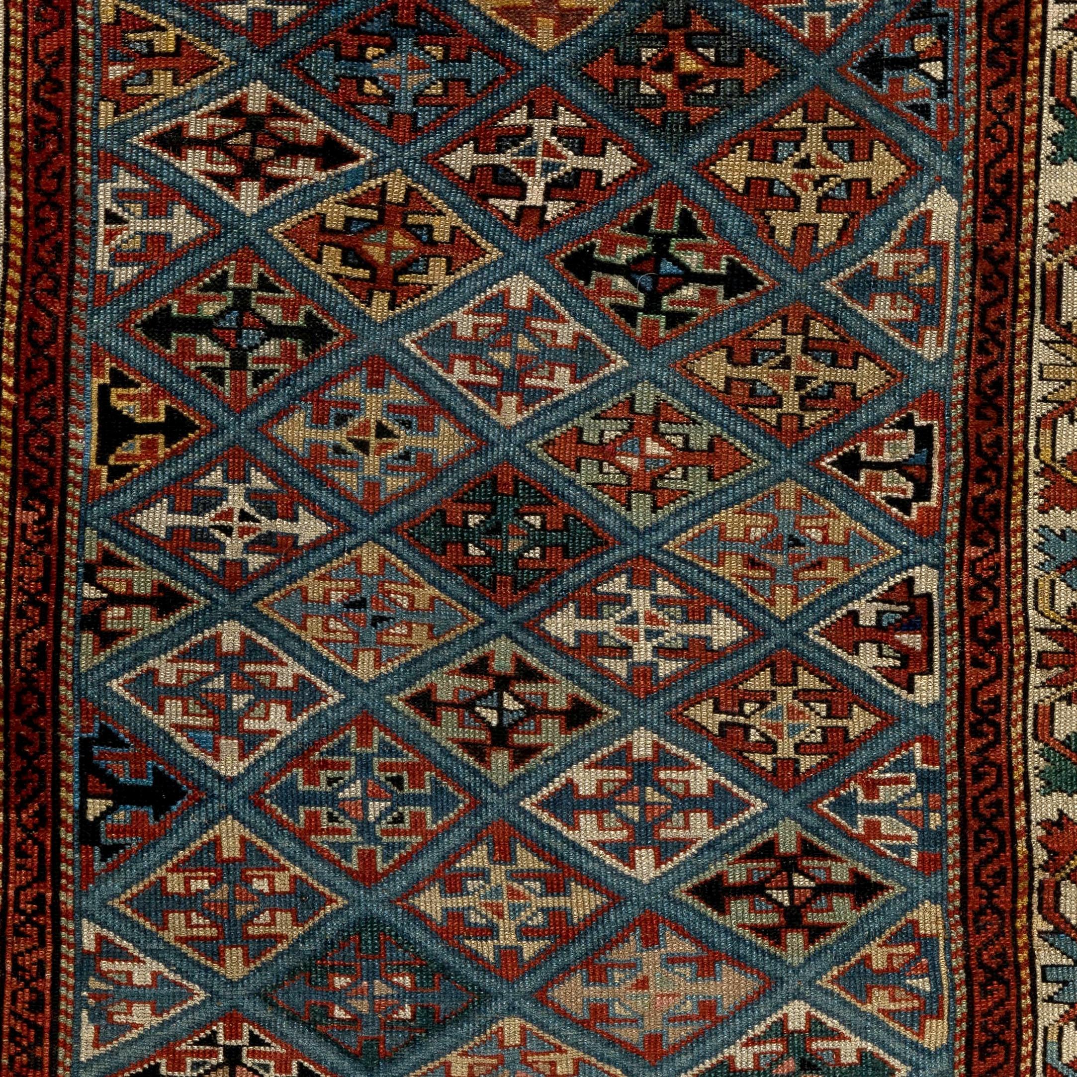 An antique Caucasian Shirvan rug. 
Very good condition. Wool pile on cotton foundation. 
Circa 1880