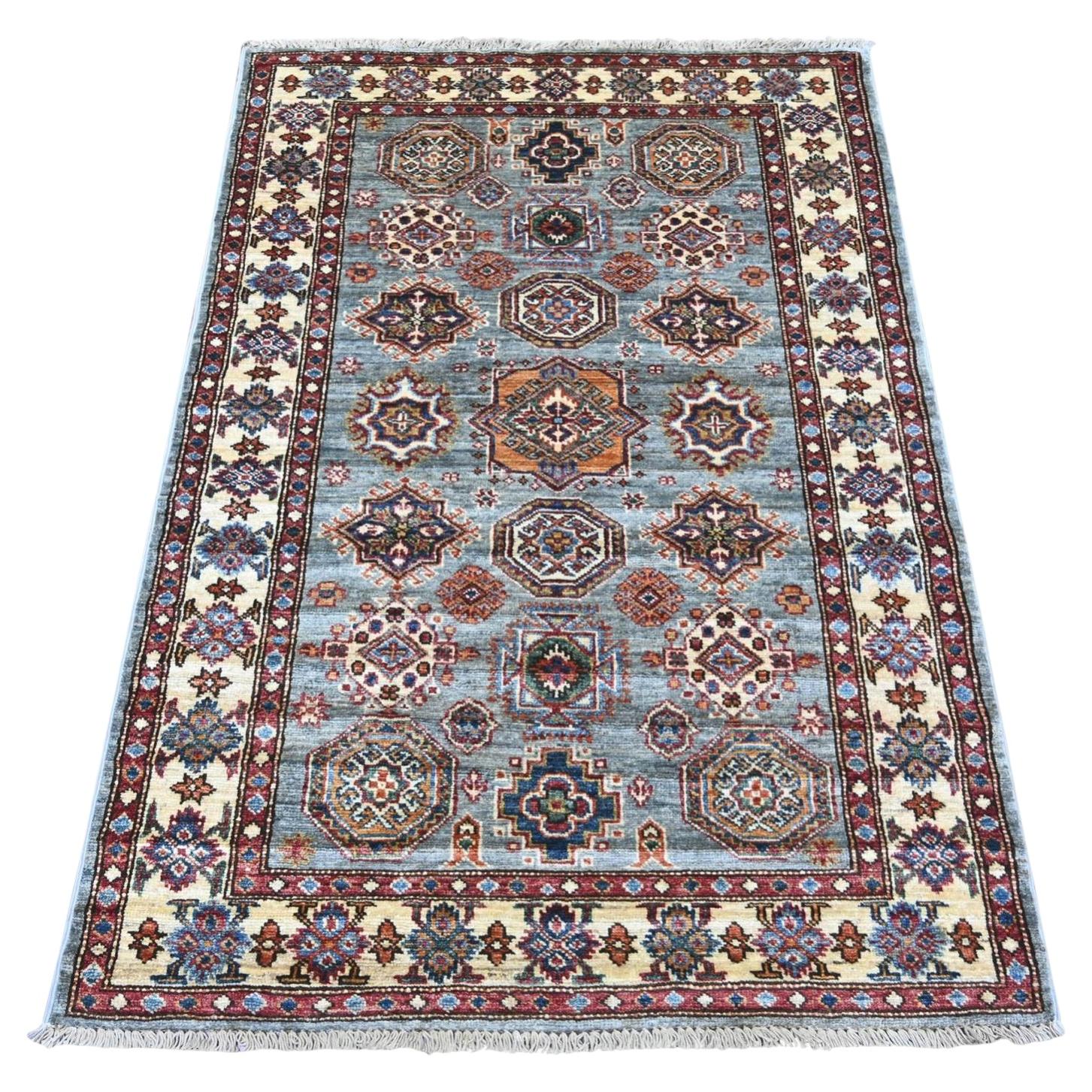 3'6"x5' Misty Gray Afghan Super Kazak Medallions Design Hand Knotted Wool Rug