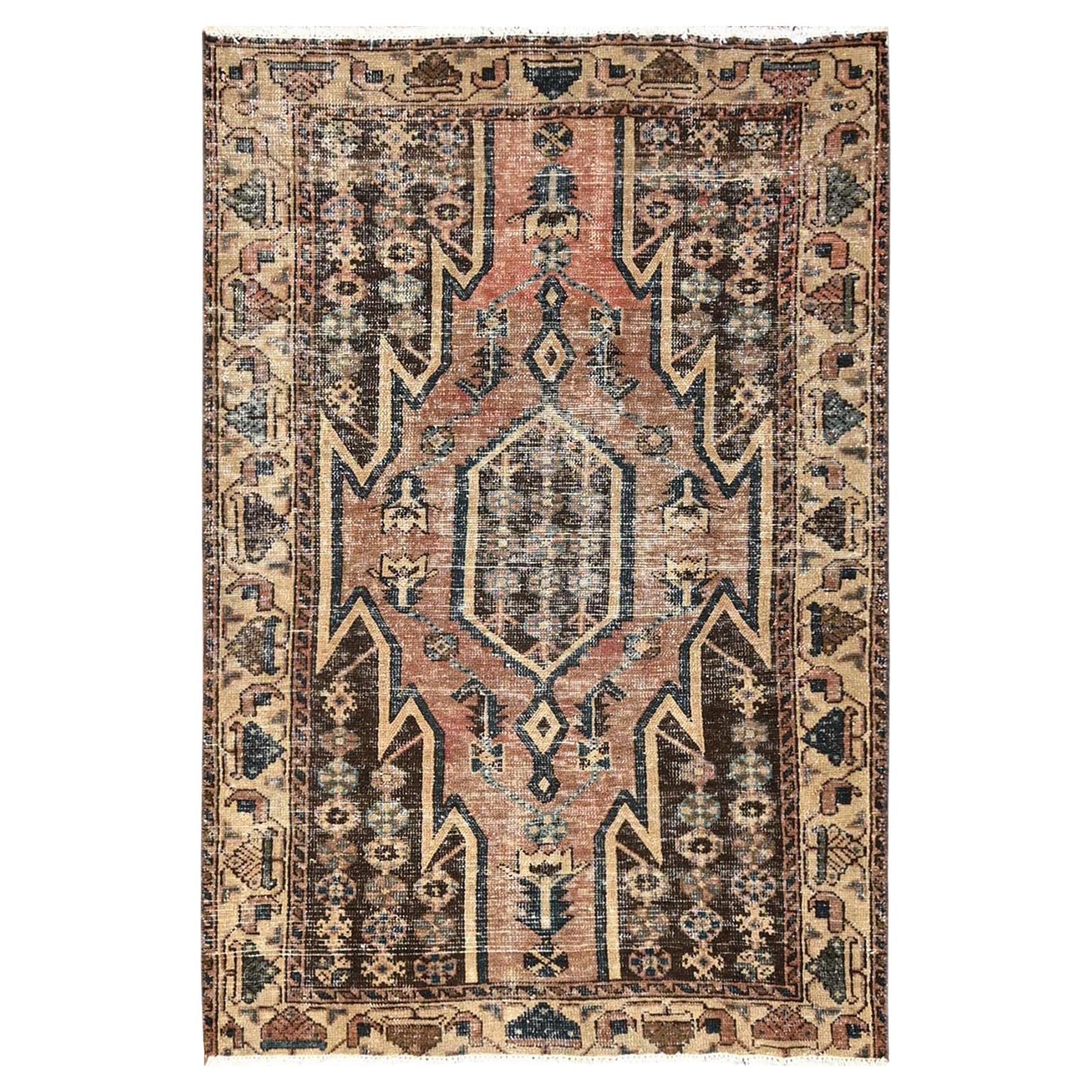 3
6"x5
1" Brown Worn 
Distressed Vintage Persian Mazlagan Hand Knotted Wool Rug
