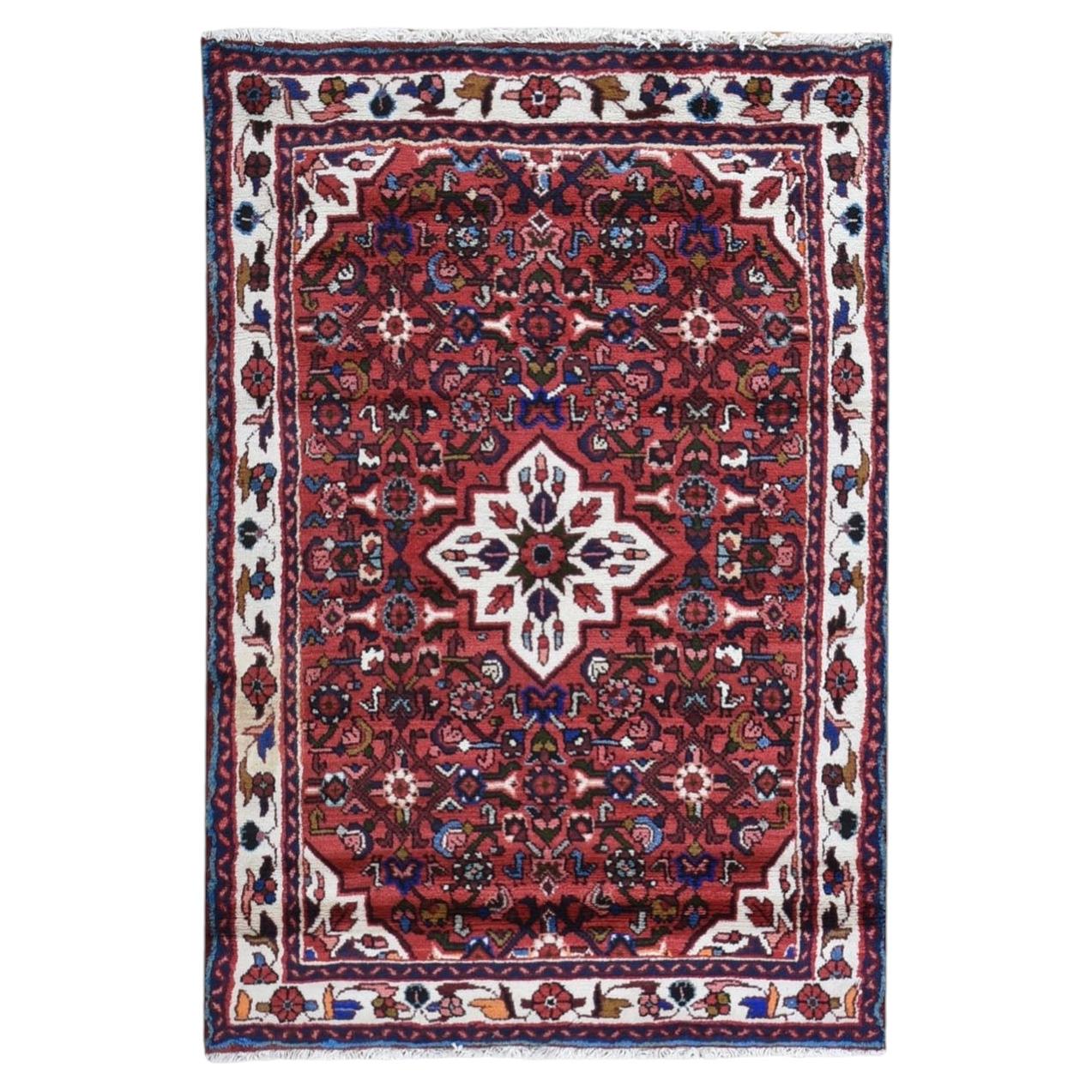 3'6"x5'1" Red New Persian Hamadan Medallion Design Hand Knotted Pure Wool Rug