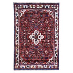 Tappeto in pura lana annodato a mano, 3'6"x5'1", rosso, con motivo a medaglione Amadan in stile zoroastriano