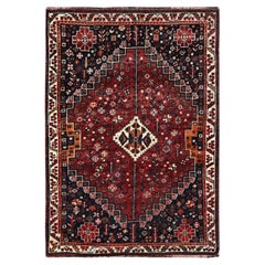 3'6"x5'1" Scarlet Red Vintage Persian Shiraz Hand Knotted Pure Wool Oriental Rug