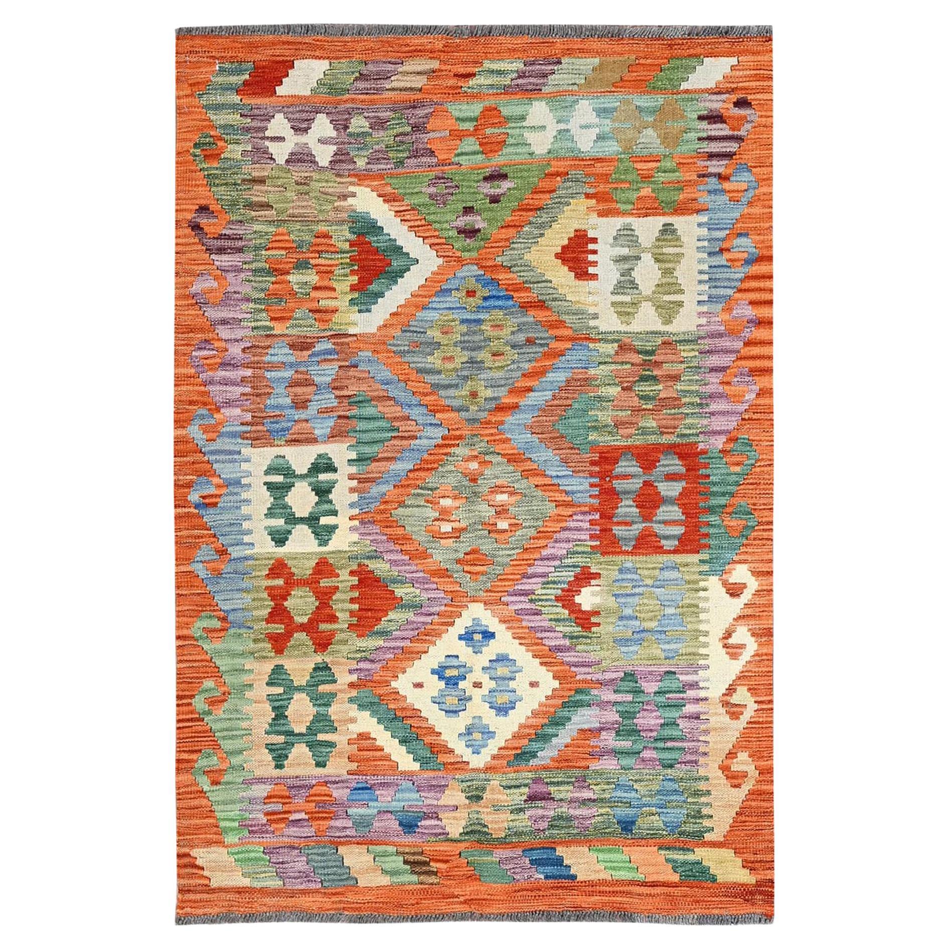 3'6"x5'2" Burnt Orange Geometric Afghan Kilim Flat Weave Hand Woven All Wool Rug
