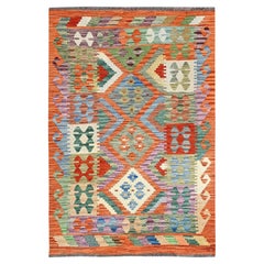 3'6"x5'2" Burnt Orange Geometric Afghan Kilim Flat Weave Hand Woven All Wool Rug