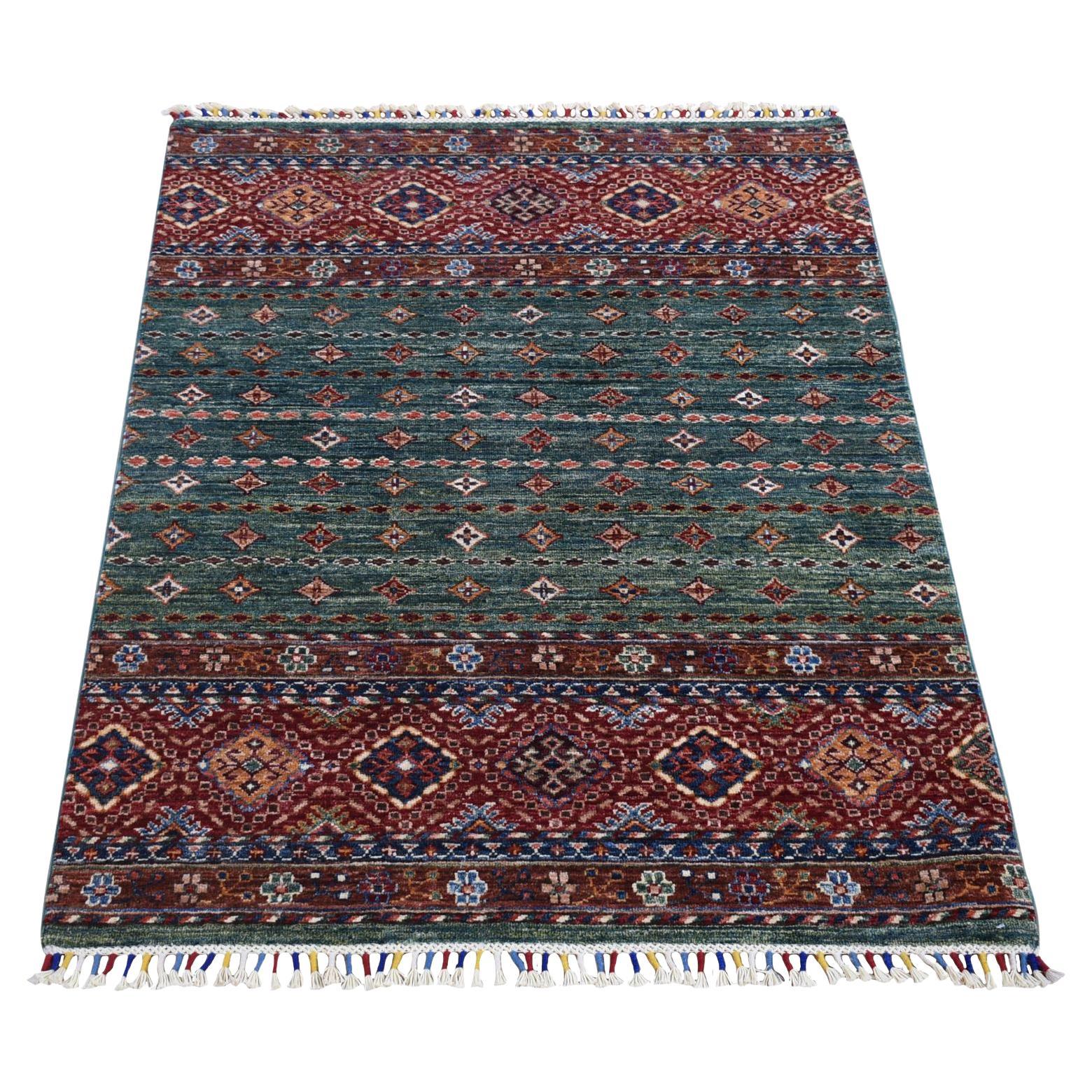 3'6 "x5'3" Verde Bosque Alfombra afgana de lana super kazak tejida a mano densamente
