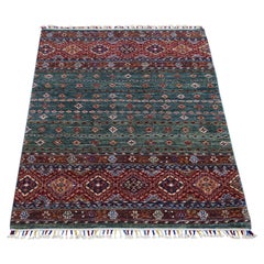 3'6"x5'3" Forest Green Densely Woven Hand Knotted Afghan Super Kazak Wool Rug