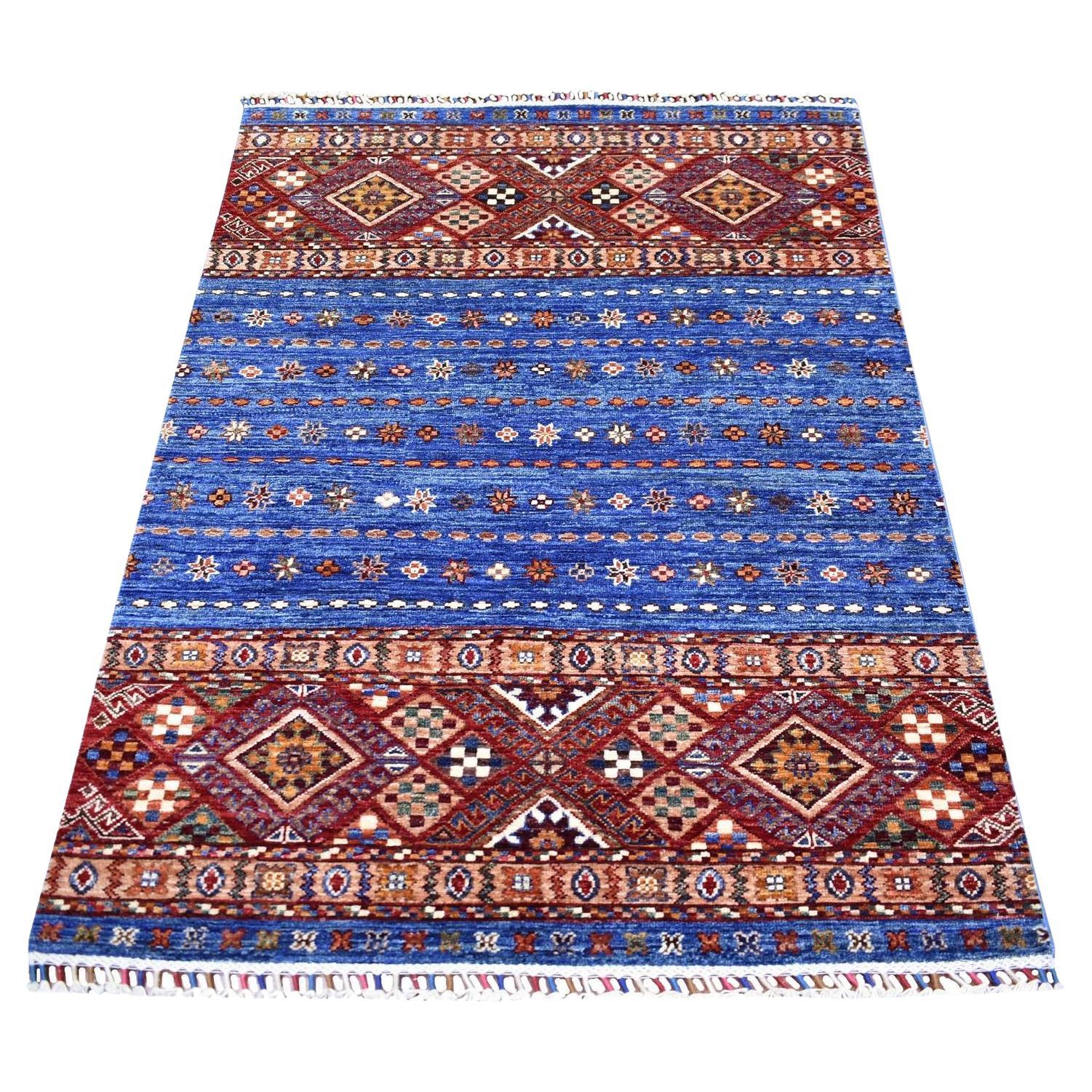 3
6 "x5
5" Hellblau, handgeknüpfter afghanischer Super Kazak, extra weicher Wollteppich