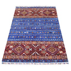 3'6"x5'5" Light Blue, Hand Knotted Afghan Super Kazak, Extra Soft Wool Rug
