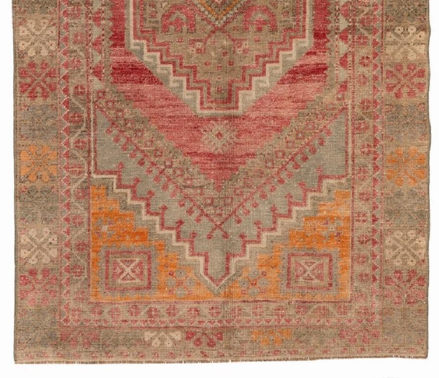 Rustic 3.6x6 Ft 1950s Turkish Rug with Soft Wool Pile in Warm Red, Orange Gray Colors For Sale