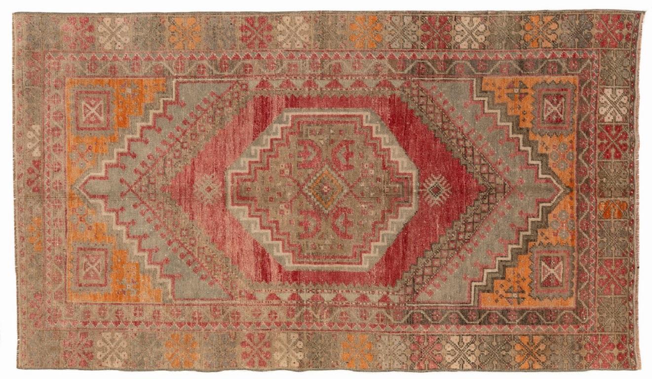 Hand-Knotted 3.6x6 Ft 1950s Turkish Rug with Soft Wool Pile in Warm Red, Orange Gray Colors For Sale