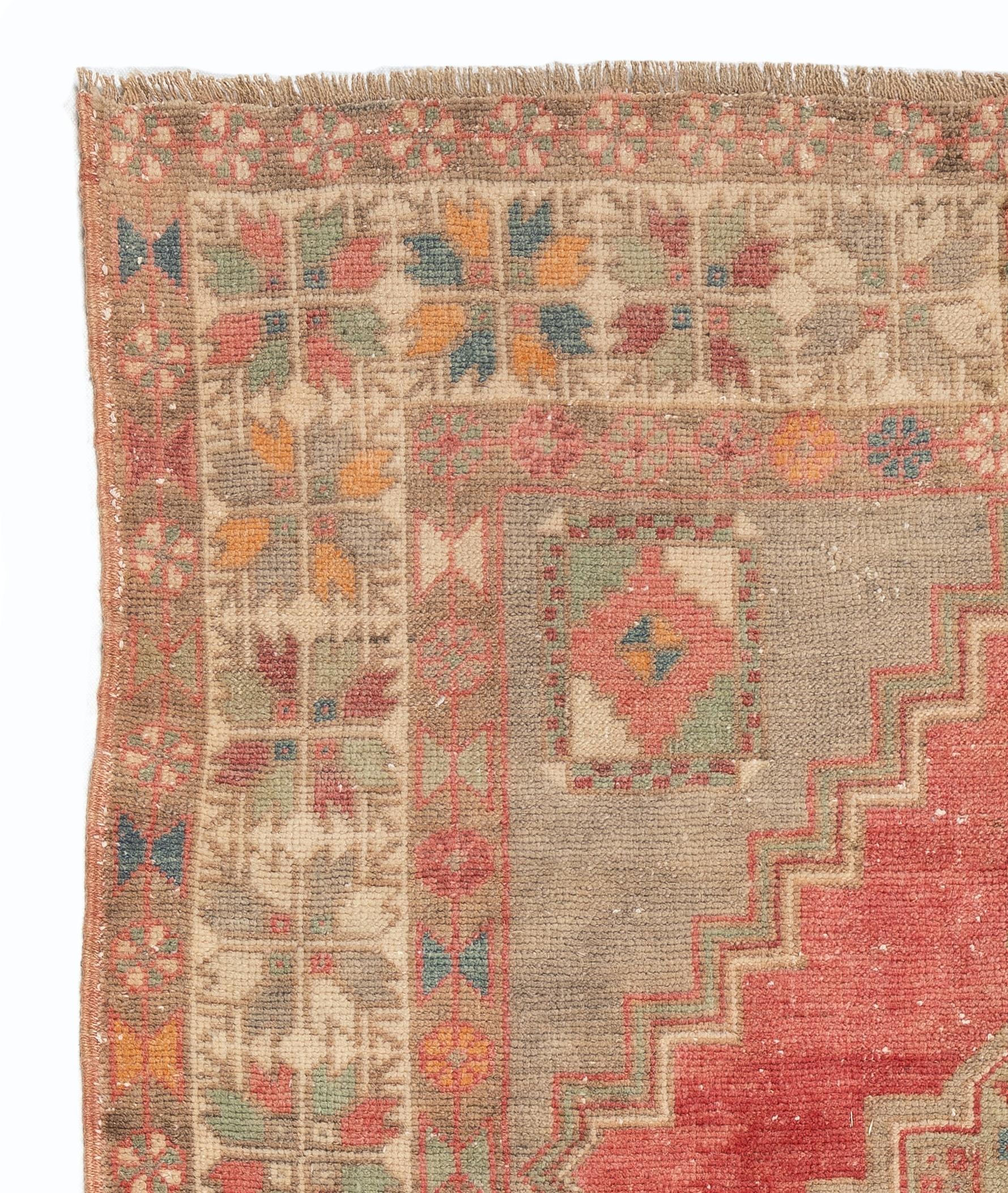 This gorgeous vintage hand-knotted Turkish area rug measures 3.5 x 6 ft. It is made of soft, lustrous sheep's wool on wool foundation, is in very good condition, sturdy and clean as a brand new rug. It features a well-drawn geometric design with two
