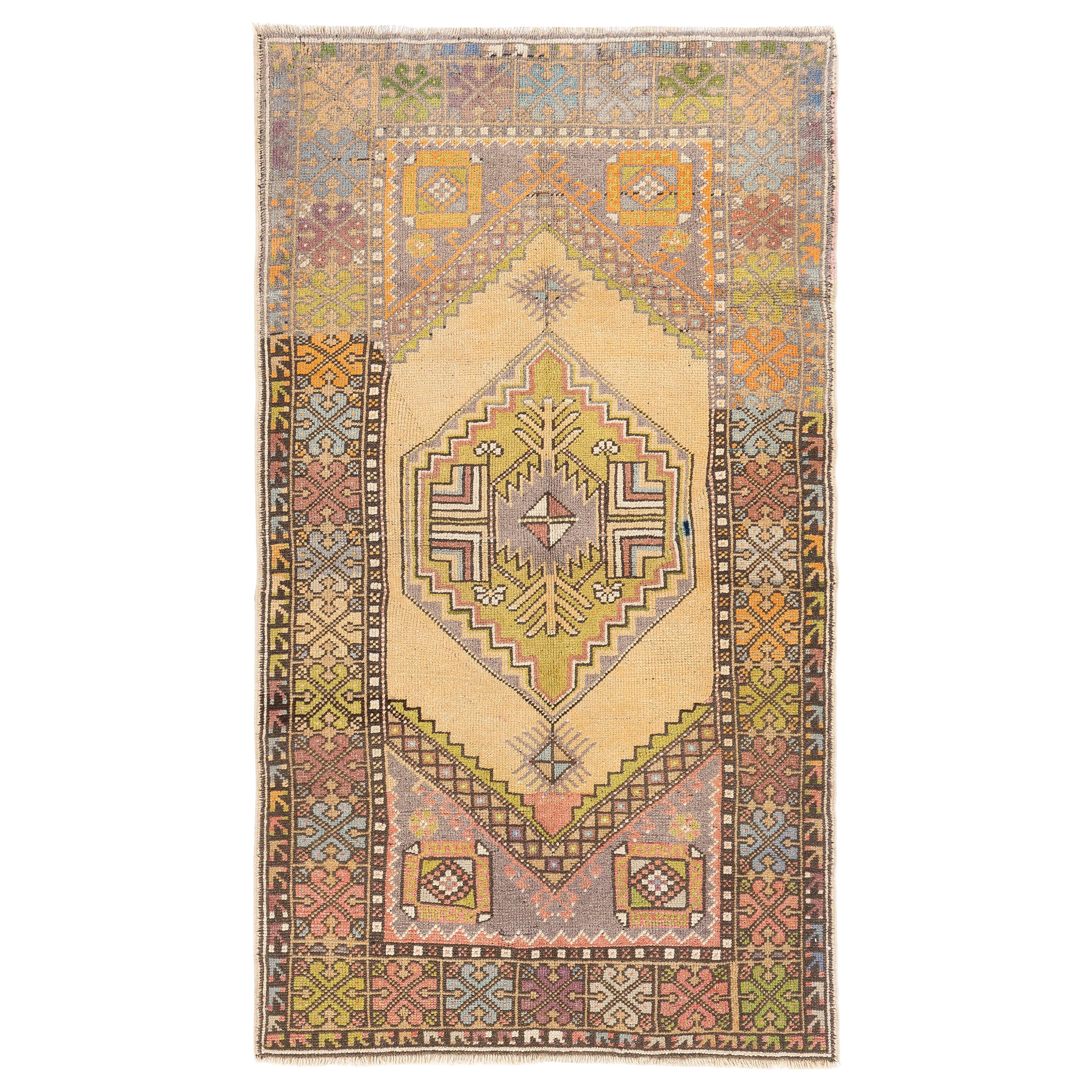 3.6x6.2 Ft Vintage Handgeknüpfter türkischer Akzent-Teppich im Stammesstil, farbenfroher Teppich im Stammesstil