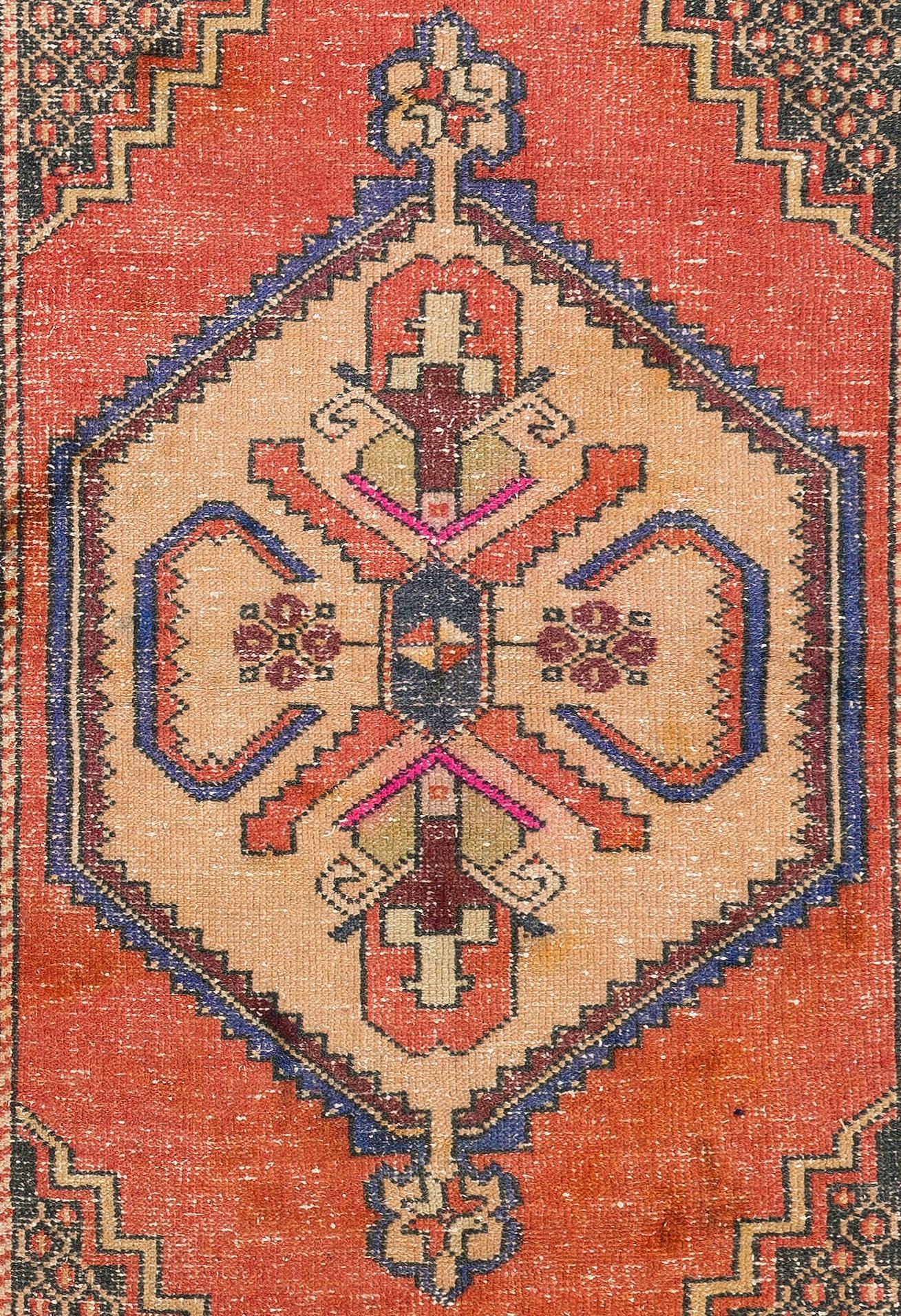 3.7x6.3 Ft Vintage Turkish Accent Rug in Red, Circa 1955, Wool Floor Covering In Good Condition For Sale In Philadelphia, PA