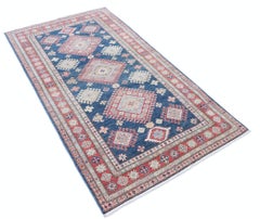 3.6x6.4 ft Handknotted Navy Blue, Red, Ivory Wool Area Rug with Geometric Design