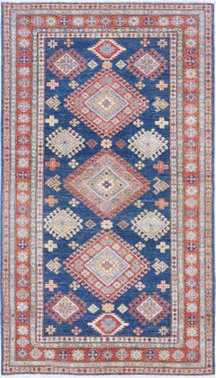 3.6x6.4 ft Handknotted Navy Blue, Red, Ivory Wool Area Rug with Geometric Design