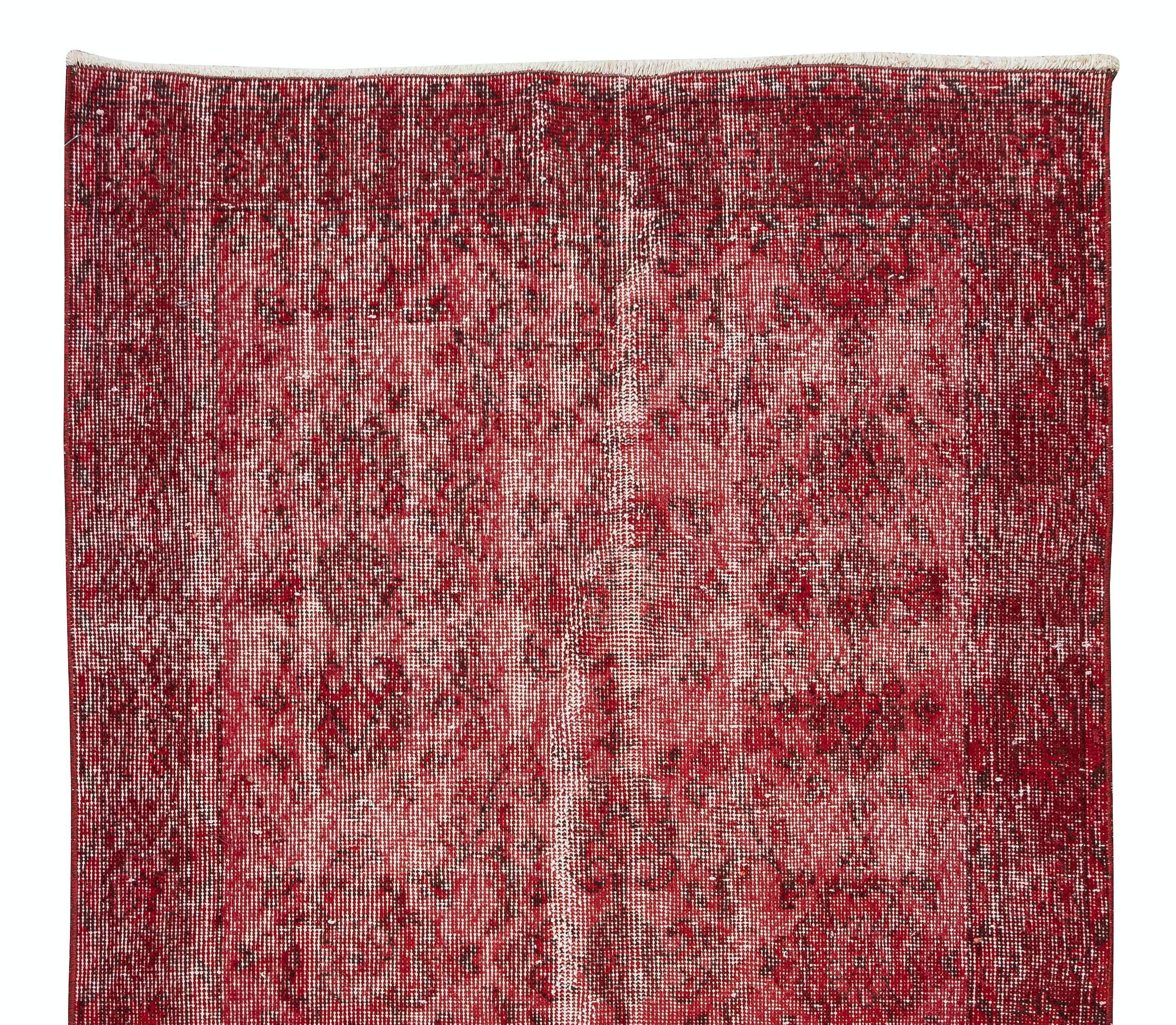 Hand-Knotted 3.6x6.6 Ft Handmade Turkish Rug Over-Dyed in Red, Decorative Vintage Wool Carpet For Sale