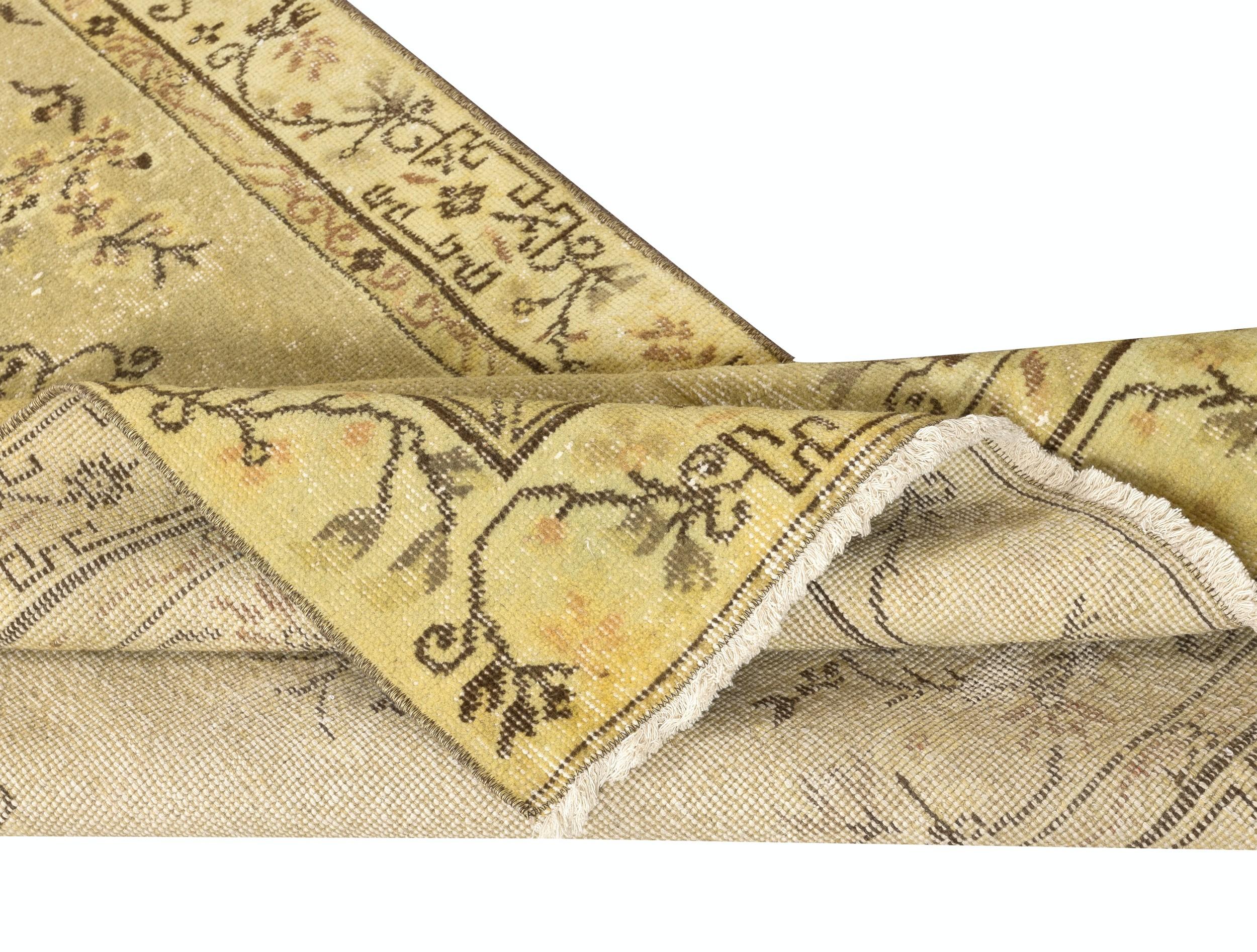 Modern 3.6x6.8 Ft One of a pair Handmade Yellow Color Turkish Rug with Art Deco Design For Sale