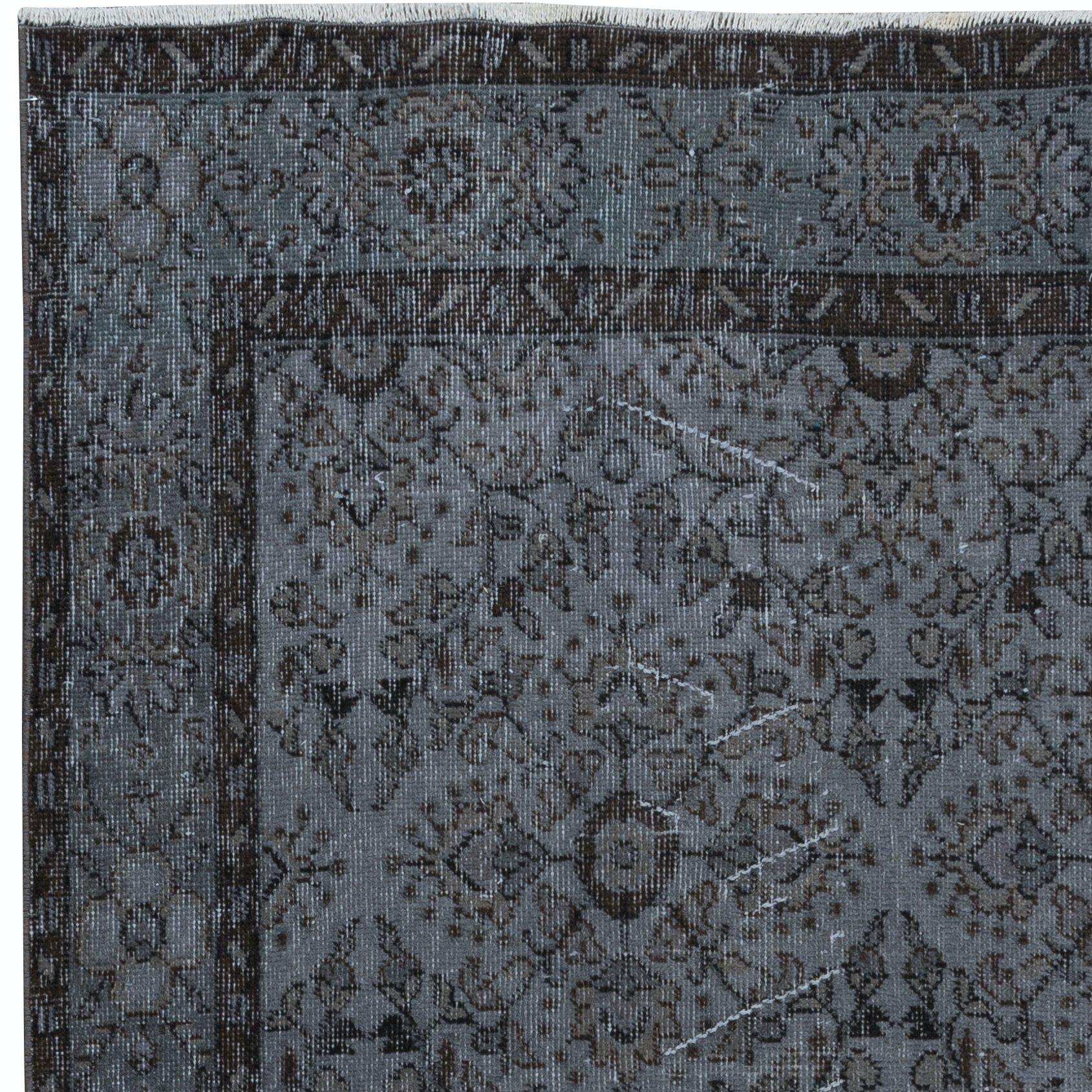 Modern 3.6x6.8 Ft Small Handmade Turkish Rug with Iron Gray Field and Floral Design For Sale