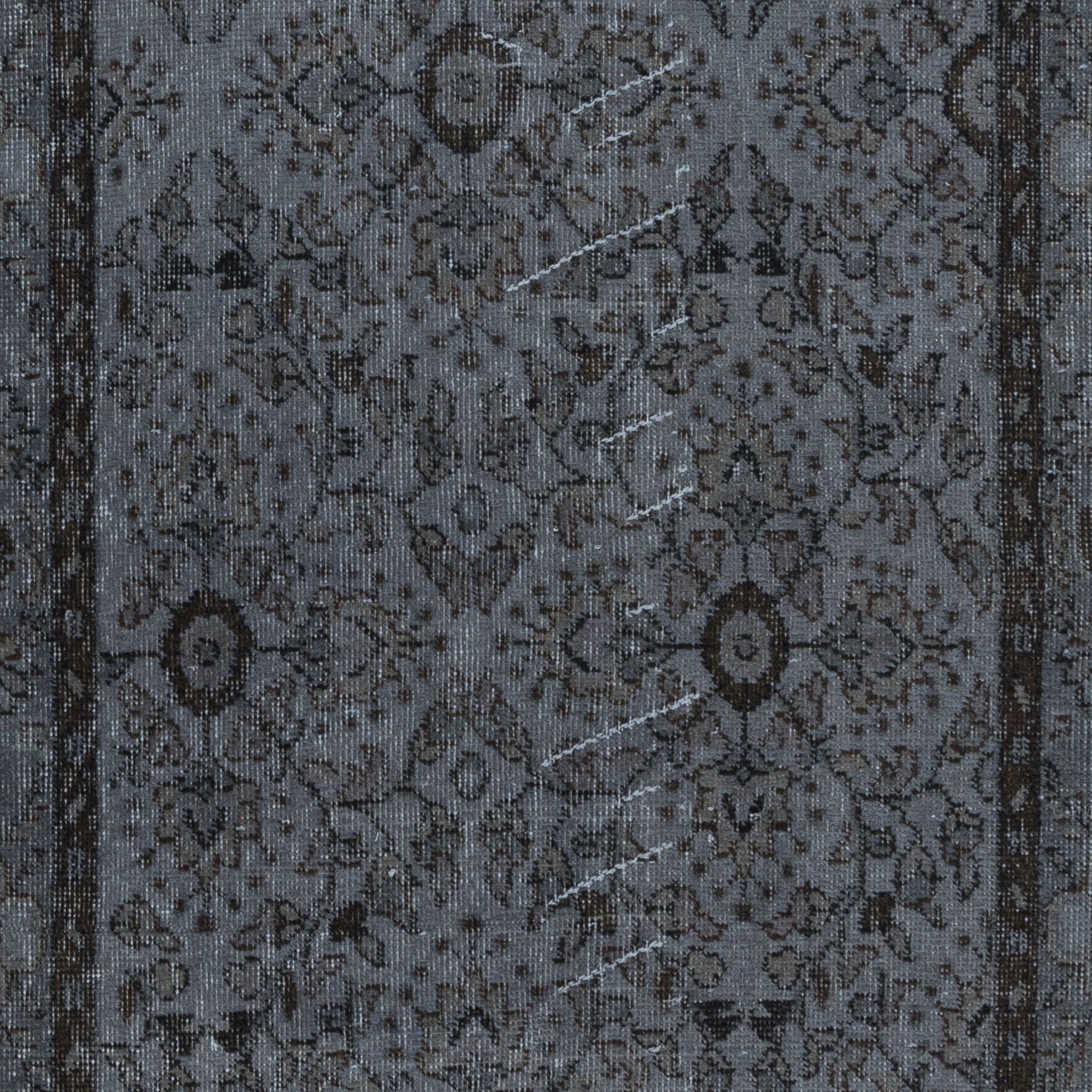 Hand-Woven 3.6x6.8 Ft Small Handmade Turkish Rug with Iron Gray Field and Floral Design