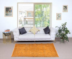 Alfombra Turca Vintage Anudada a Mano de 3,6x7 Pies Teñida de Naranja para Interiores Modernos