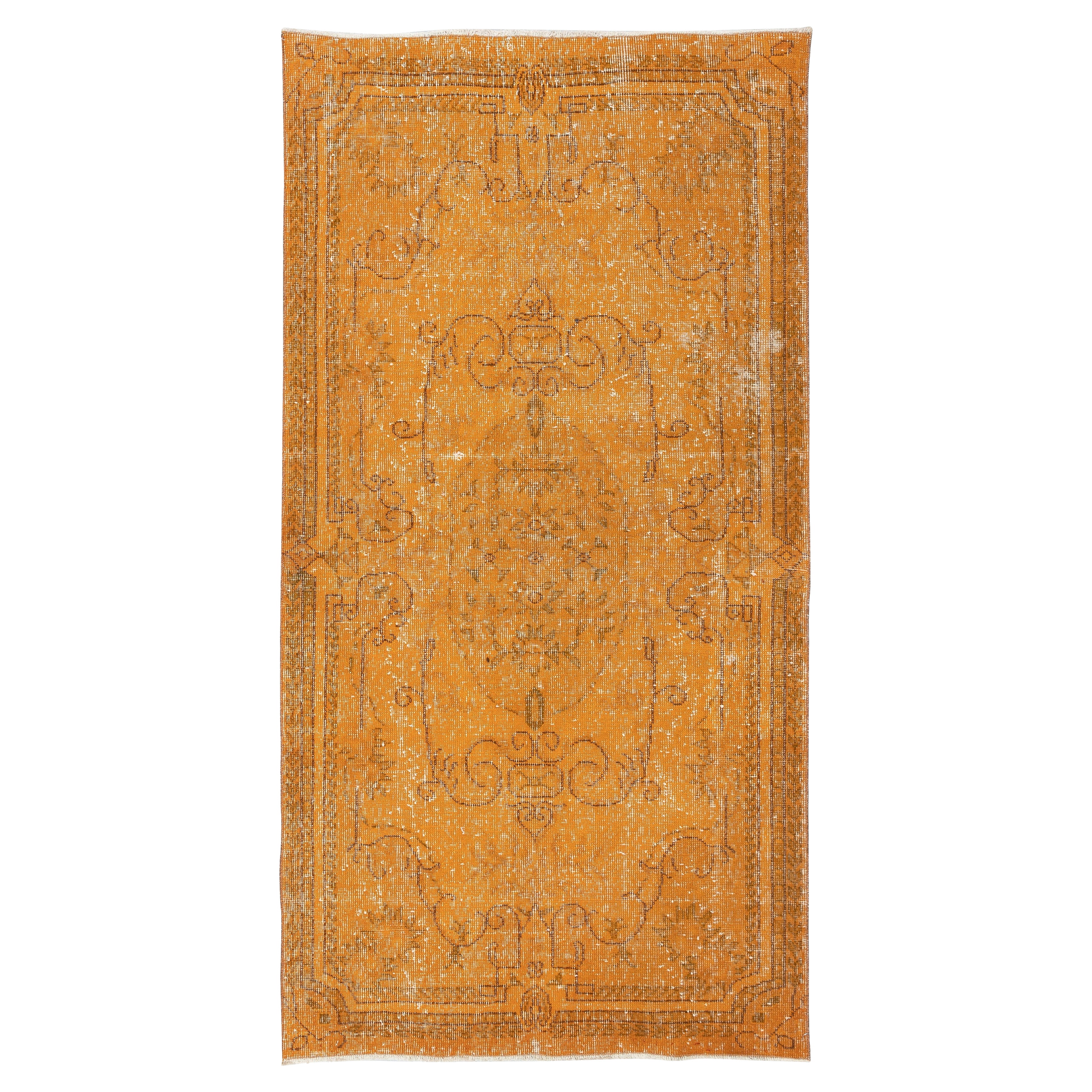 Tappeto turco vintage annodato a mano e sovratinto in arancione per ambienti moderni