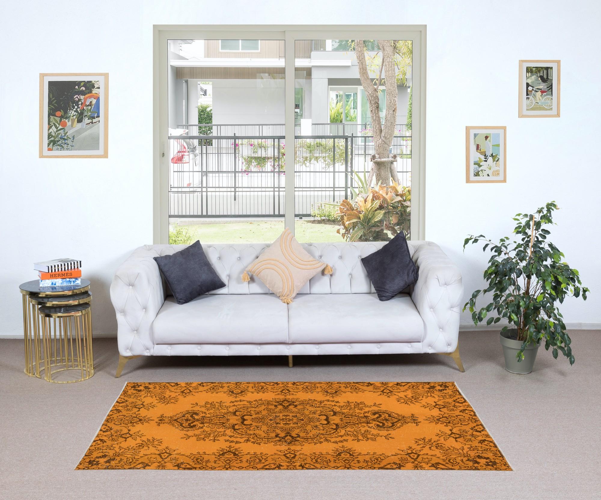 20th Century 3.6x7 Ft Home Decor Rug, Orange Floor Covering, Modern Handmade Turkish Carpet For Sale
