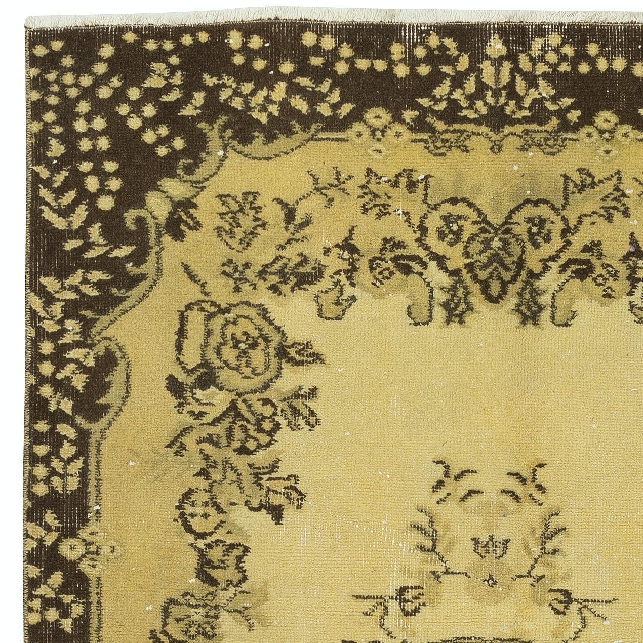 Hand-Knotted 3.6x7.2 Ft Vintage Turkish Area Rug redyed in Yellow Color for modern interiors For Sale