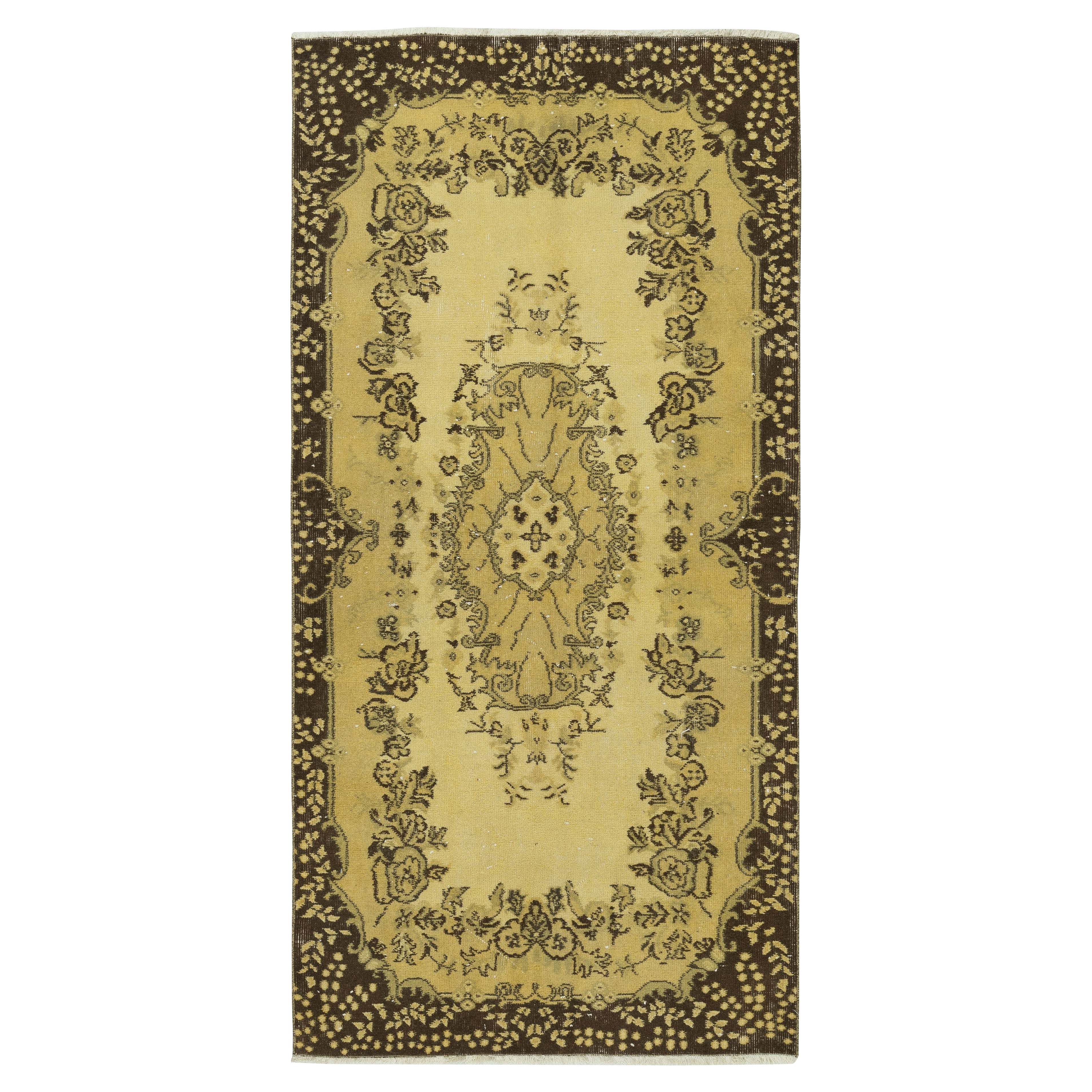 Tappeto turco vintage 3.6x7.2 Ft tinto in giallo per interni moderni