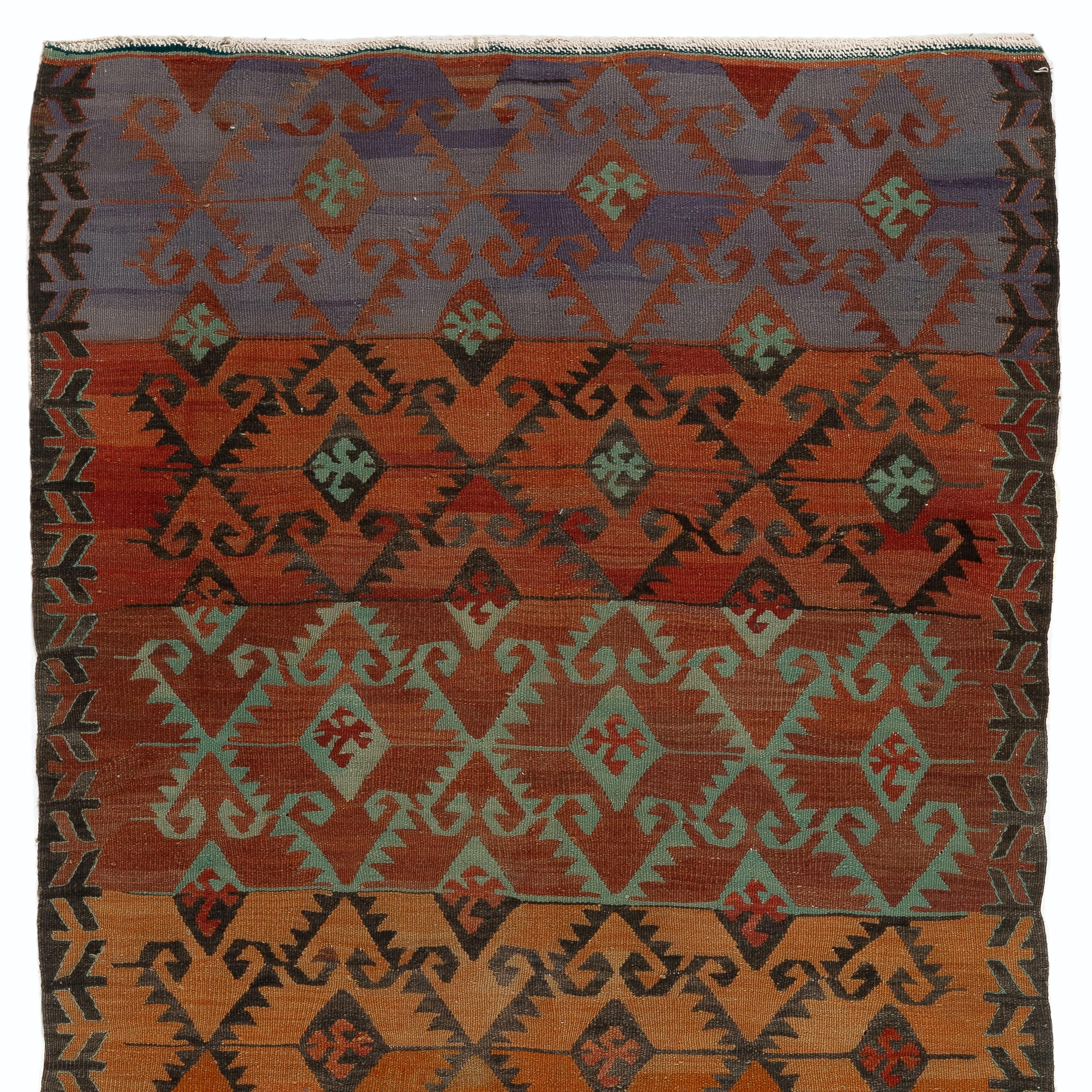 Hand-Woven 3.6x7.3 Ft Multicolor Vintage Turkish Kilim with Geometric Design Rug, %100 Wool For Sale