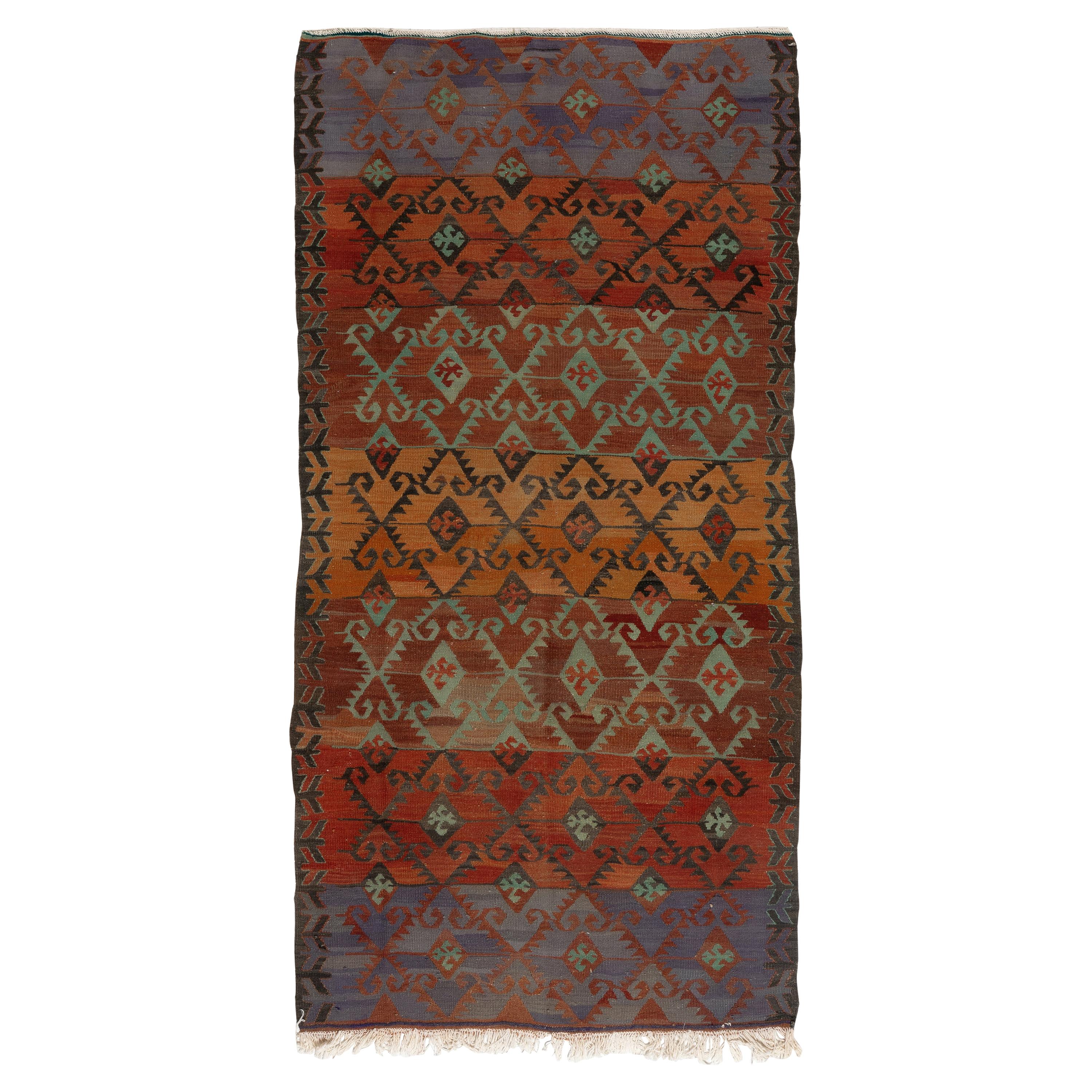 3.6x7.3 Ft Multicolor Vintage Turkish Kilim with Geometric Design Rug, %100 Wool For Sale