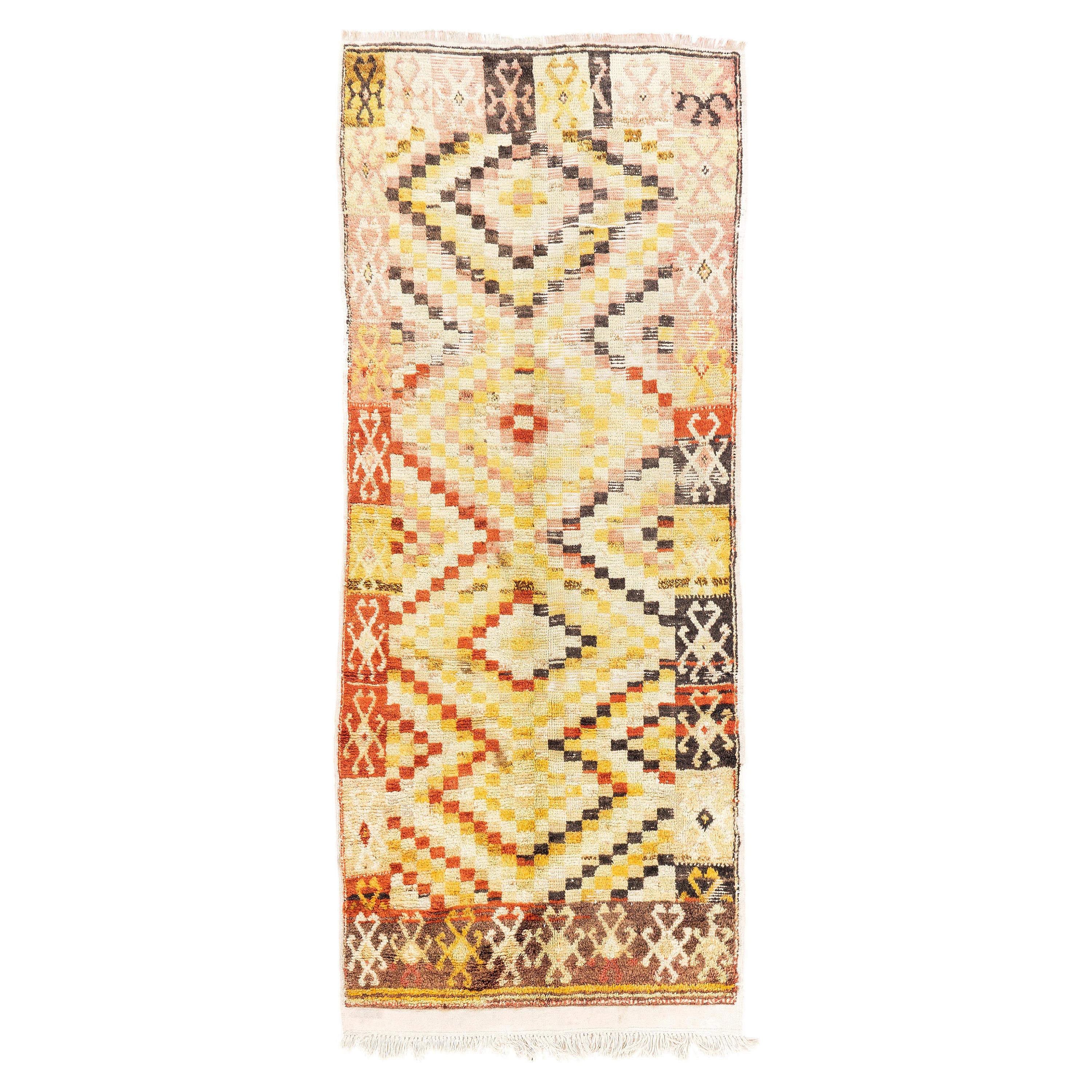 3.6x8.6 Ft Mid-Century Hand-knotted Turkish Tulu Wool Runner Rug in Warm Colors For Sale