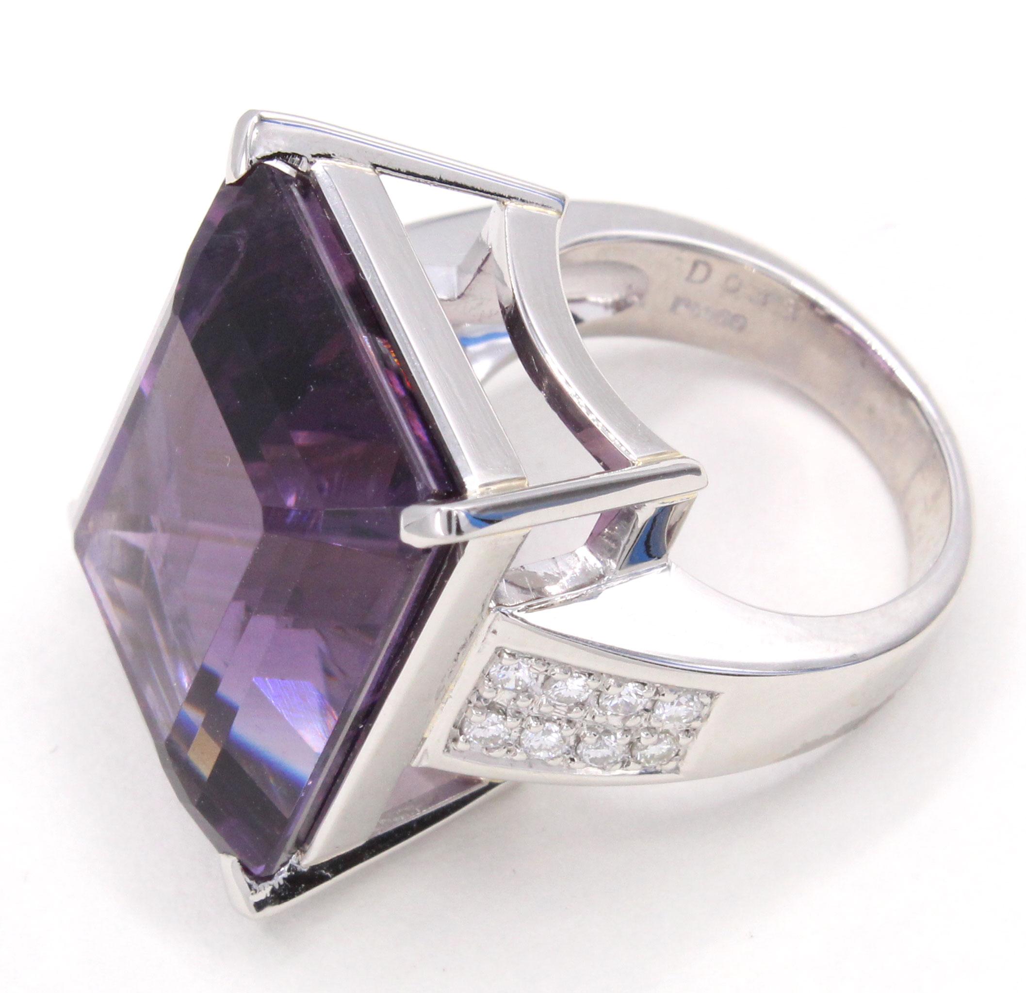 Beautifully designed and masterfully handcrafted this bold 1970s ring features a velvety purple well saturated Amethyst weighing 37.13 carats. Cut into a perfectly proportioned emerald cut has the gemstone displaying amazing brilliance and fire. The