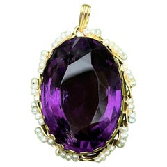 37 Carat Amethyst Pearl Lavaliere Pendant Necklace Antique 14 Karat Gold
