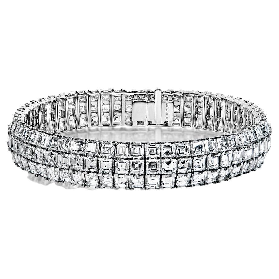 37 Carat Asscher Cut Triple Row Diamond Tennis Bracelet Certified For Sale