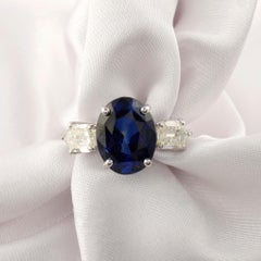 3.7 Carat Blue Sapphire 1.07 Carat SI/H Diamond Ring 18 Karat White Gold Jewelry