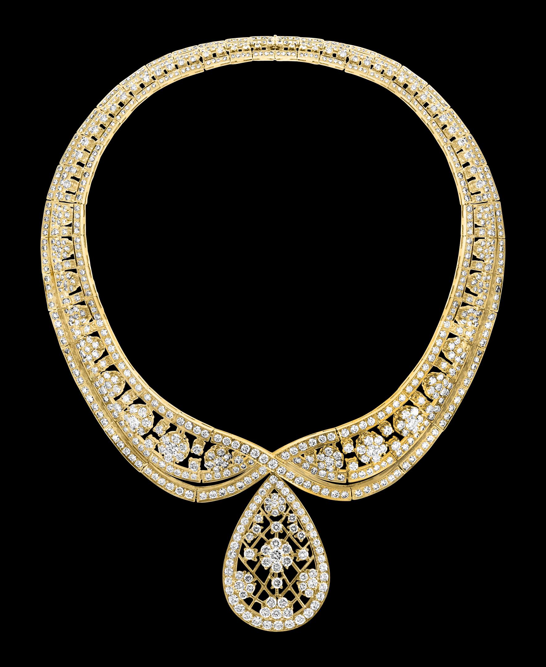 Round Cut 37 Carat Diamond Necklace and Earrings 185 Grams 18 Karat Gold Bridal Suite