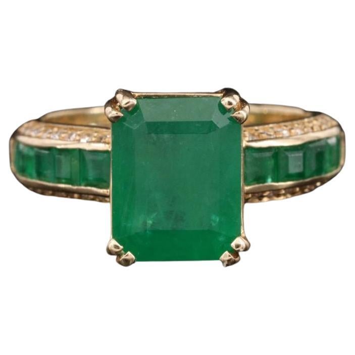 3.7 Carat Emerald Engagement Ring, Art Deco Emerald Yellow Gold Wedding Ring