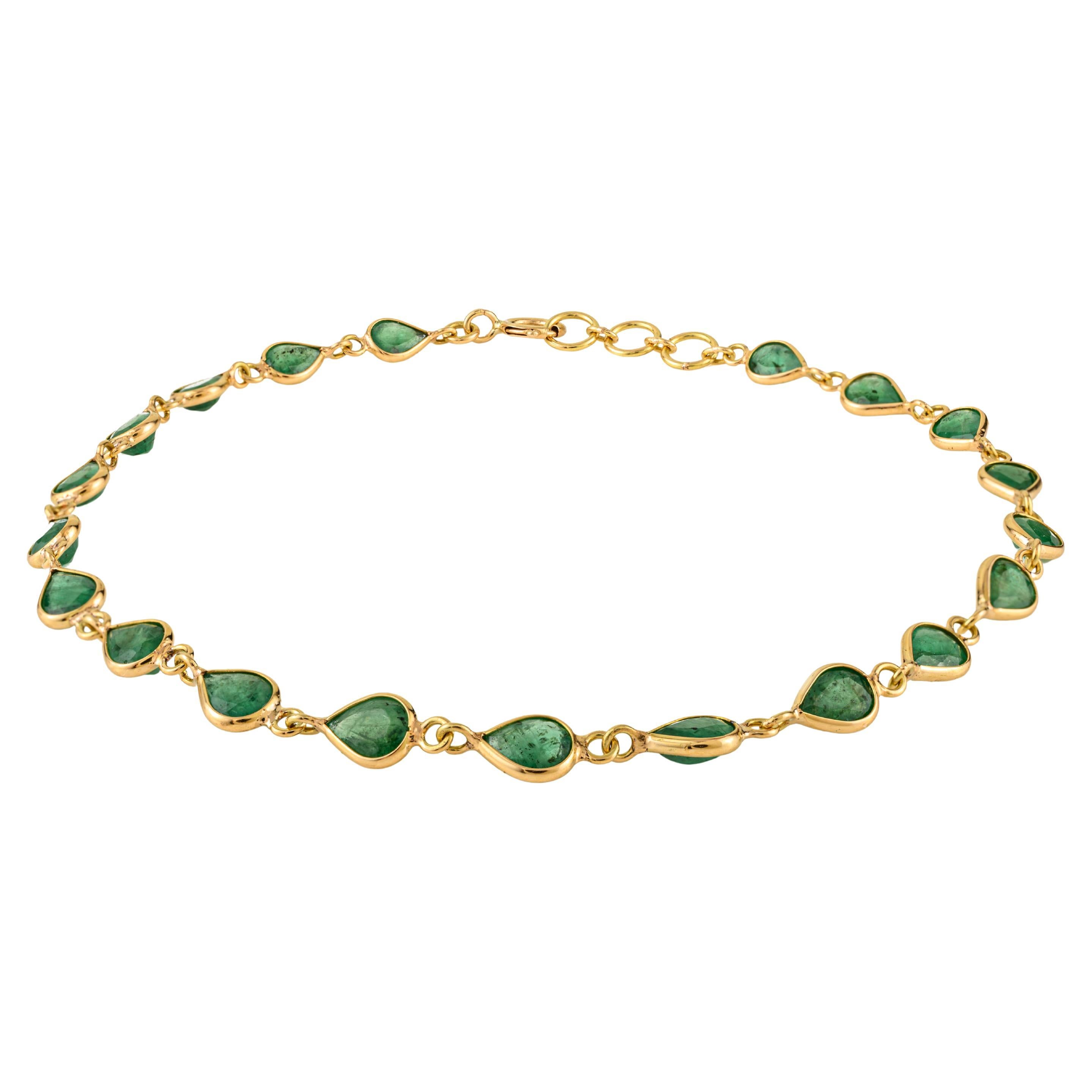 3.7 Carat Pear-Cut Emerald Station Bracelet en or jaune 18K Christmas Gift