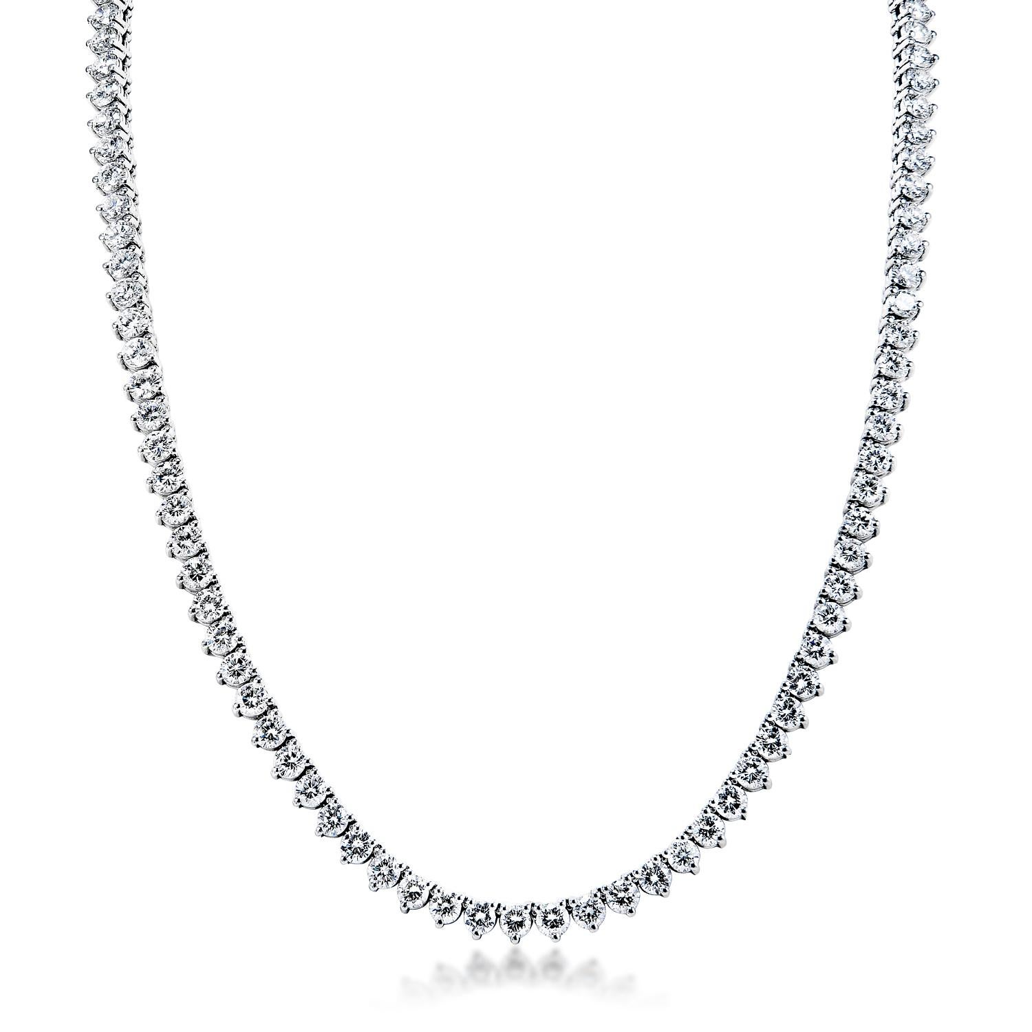 Earth Mined Diamond Riviera Graduated Necklace for Ladies:

Number of Diamonds: 154
Carat Weight: 36.70 Carats
Style: Round Brilliant Cut
Setting: 3 Round Prong
Chains: 14 Karat White Gold 56.00 grams