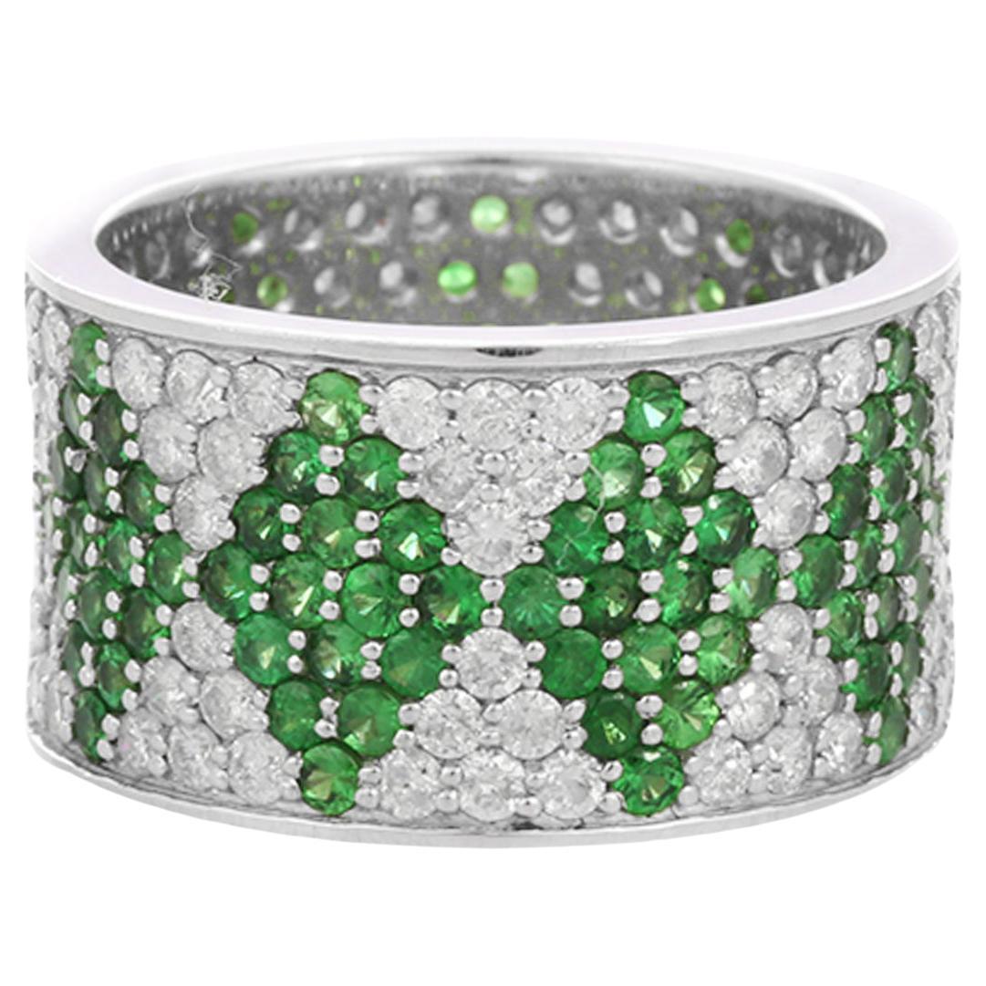 Bague jonc en or blanc 18 carats avec tsavorite de 3,7 carats et diamants